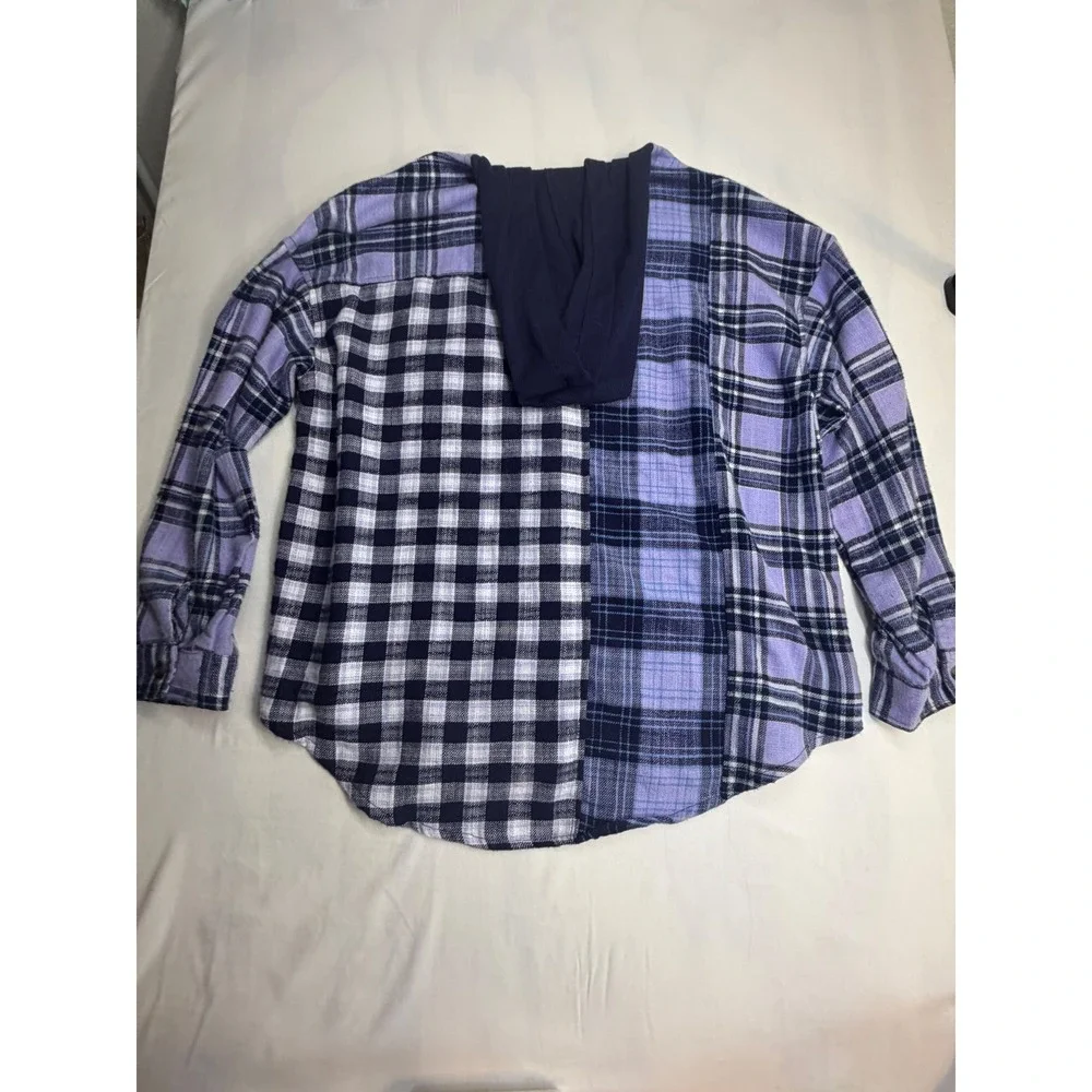 Justice Girls XL Plus Purple Patchwork Plaid Hooded Button Down Shirt 16P 18P